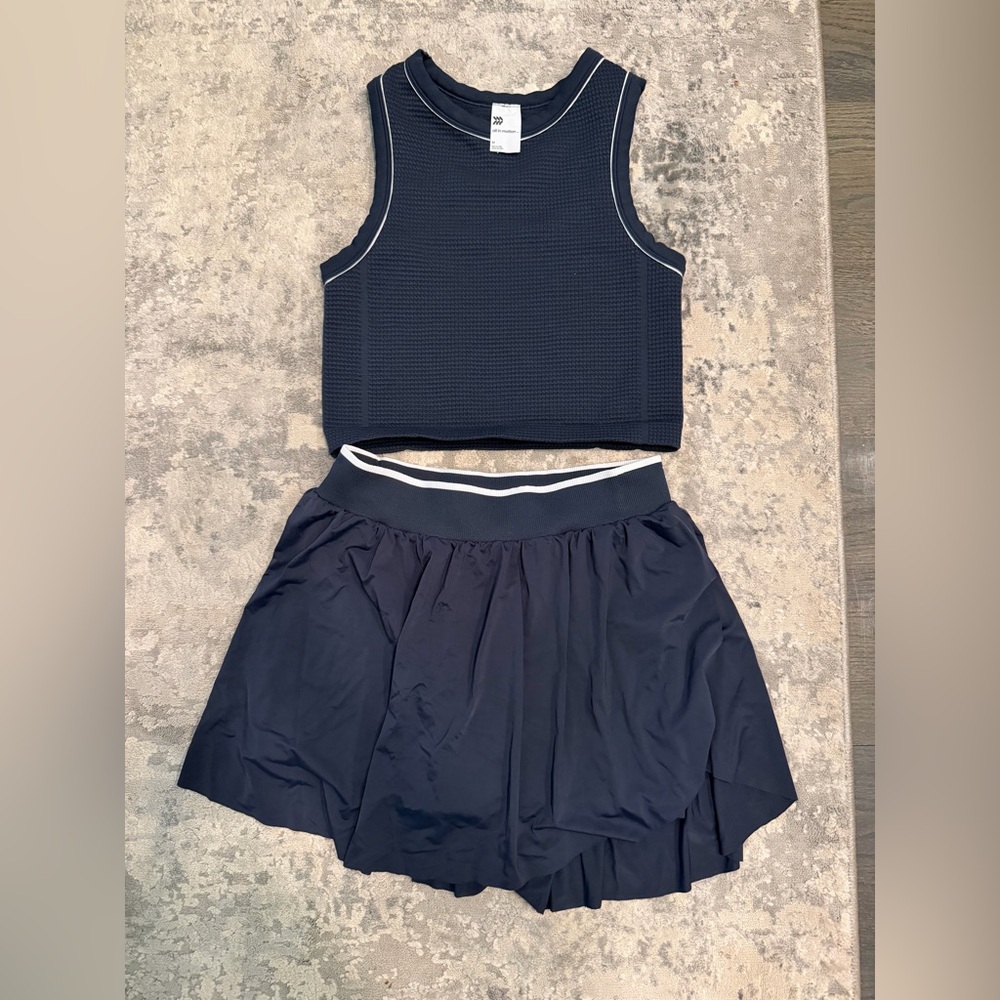 Navy Athletic Skirt with Stripe Waistband and Top